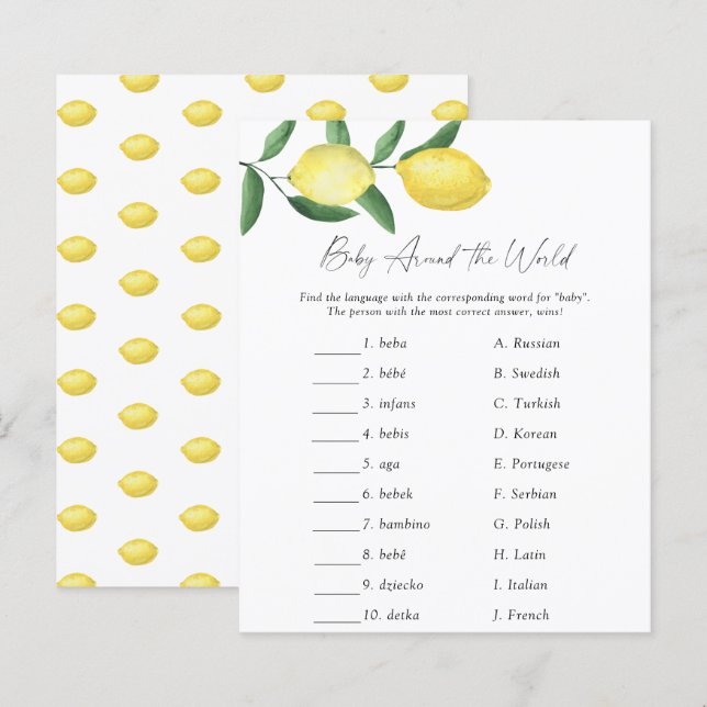 Lemon - Baby rund um die Welt Baby Shower Game (Vorne/Hinten)