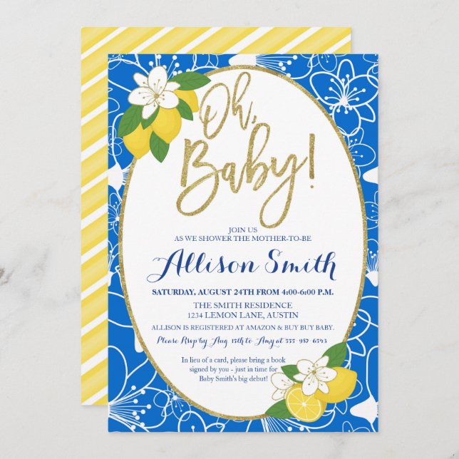 Lemon Baby Shower Baby Boy Blue Yellow Gold Einladung (Vorne/Hinten)