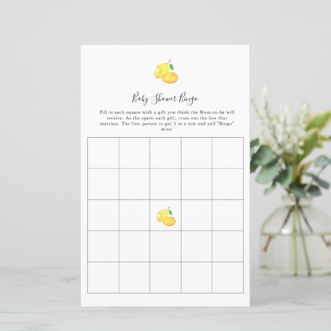 Lemon Baby Shower Bingo Spiel Elegante Script Chic (Stehend Vorderseite)