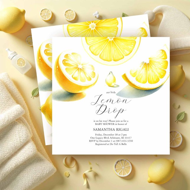 Lemon Baby Shower Einladungen Lemon Drop Thema (Lemon baby shower invitations feature watercolor citrus art in shades of yellow for gender neutral)