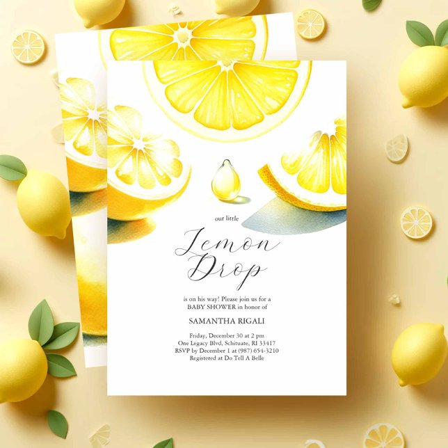 Lemon Baby Shower Einladungen Lemondrop Thema (Lemon baby shower invitations feature watercolor citrus with a lemon drop by Victoria Grigaliunas)