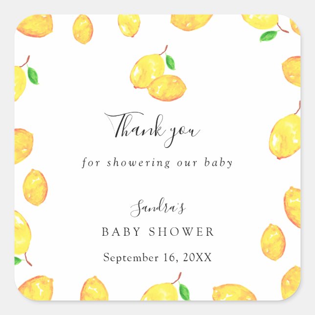 Lemon Baby Shower Elegant Danke Script Frame Quadratischer Aufkleber (Vorderseite)