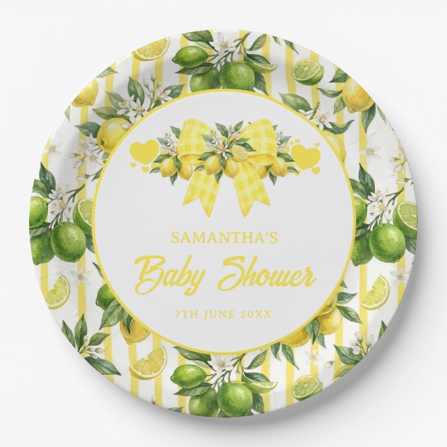 Lemon Baby Shower Gelbe Gingham-Schleife Pappteller (Vorderseite)
