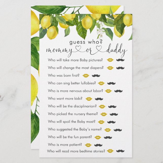 Lemon Baby Shower "Guess Who" Spiel (Vorne/Hinten)