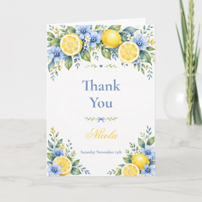 Lemon Blau Baby Shower Dankeskarte (Vorderseite)