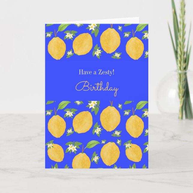 Lemon Bloom Collection patterned blue Birthday Karte (Vorderseite)