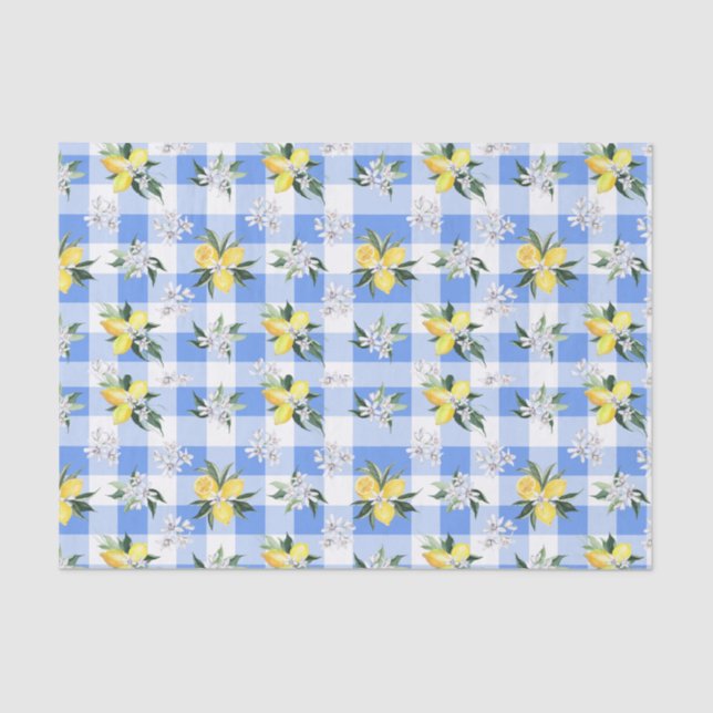 Lemon Blossom Blue Gingham Tissue Paper Seidenpapier (Vorderseite)