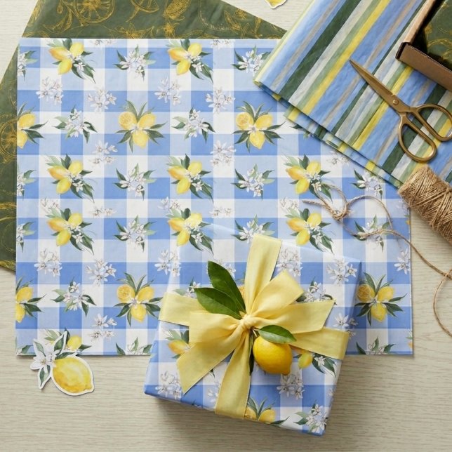 Lemon Blossom Blue Gingham Tissue Paper Seidenpapier (Von Creator hochgeladen)