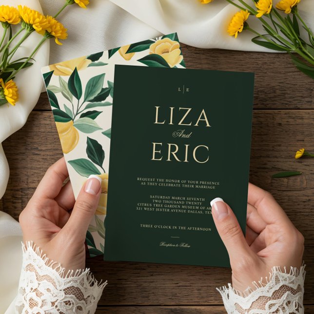 Lemon Blossom Blumenbaum Elegante Grüne Hochzeit Einladung (Lemon Blossom Floral Tree Elegant Green Wedding Invitation)