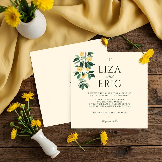 Lemon Blossom Blumenbaum Elegante Hochzeit Einladung (Lemon Blossom Floral Tree Elegant Yellow Wedding Invitation)