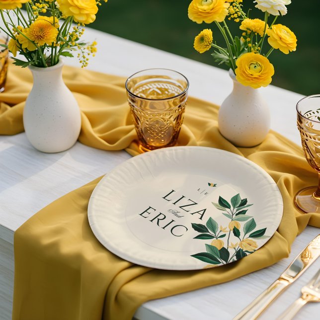 Lemon Blossom Blumenbaum Elegante Hochzeit Pappteller (Lemon Blossom Floral Tree Elegant Yellow Wedding Paper Plates)