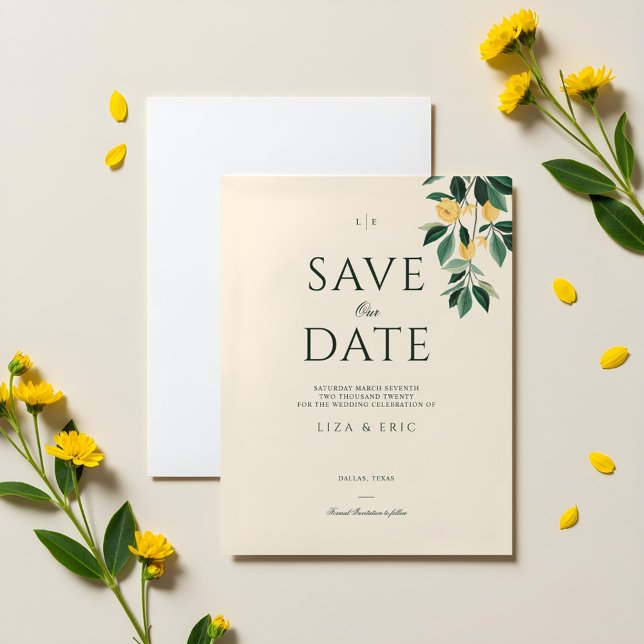 Lemon Blossom Blumenstrauß im Tessin Save The Date (Lemon Blossom Floral Tree Elegant Minimal Wedding Save The Date)