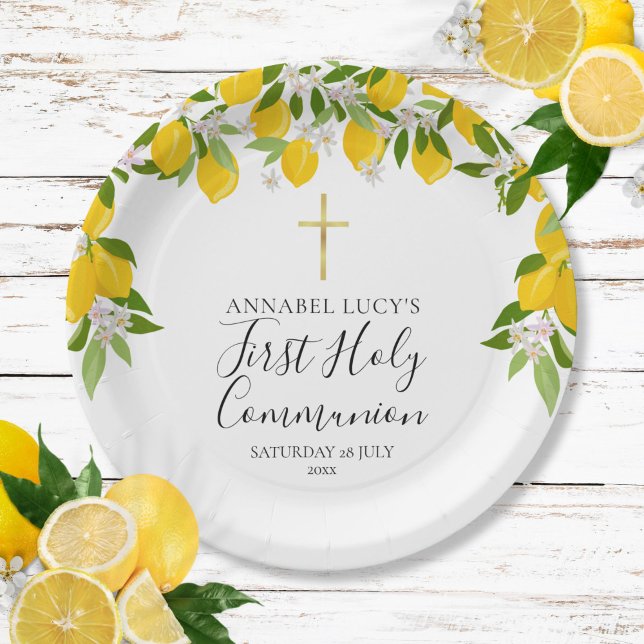 Lemon Blossom Grüne Erste Heilige Kommune Pappteller (Lemon Blossom Greenery First Holy Communion Paper Plates)