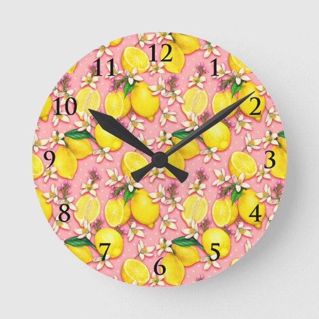 Lemon Blossom Pink Clock Runde Wanduhr (Vorderseite)