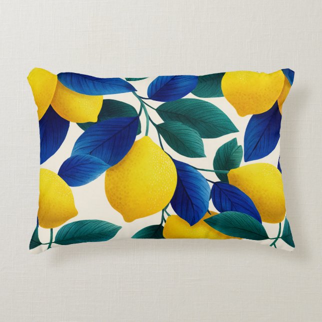 Lemon & Blue Blätter Vibranntes Farbmuster Dekokissen (Vorderseite)