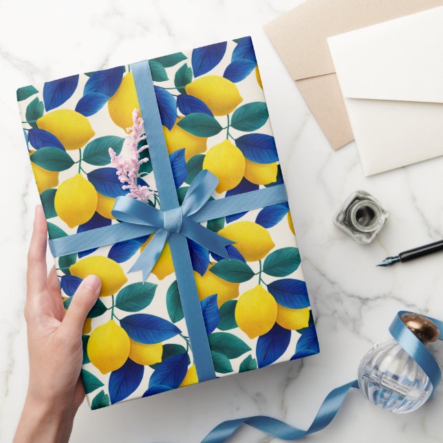 Lemon & Blue Blätter Vibranntes Farbmuster Geschenkpapier (Schenken)
