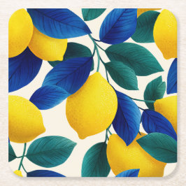 Lemon & Blue Blätter Vibranntes Farbmuster Rechteckiger Pappuntersetzer