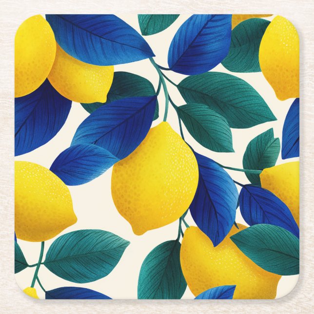 Lemon & Blue Blätter Vibranntes Farbmuster Rechteckiger Pappuntersetzer (Vorderseite)