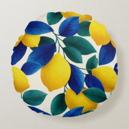 Lemon & Blue Blätter Vibranntes Farbmuster Rundes Kissen