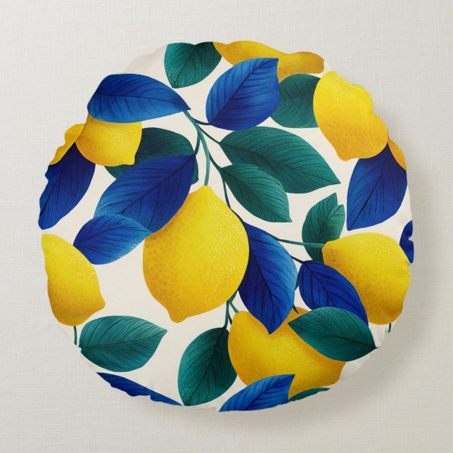 Lemon & Blue Blätter Vibranntes Farbmuster Rundes Kissen (Vorderseite)