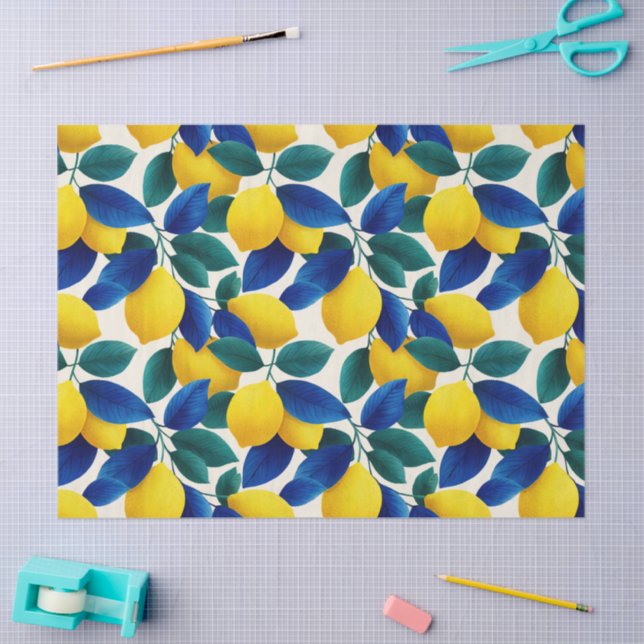 Lemon & Blue Blätter Vibranntes Farbmuster Seidenpapier (Basteln)