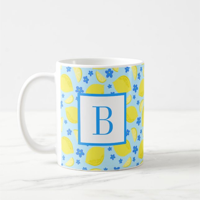 Lemon Blue Blume Monogram Initial Personalisiert Kaffeetasse (Links)