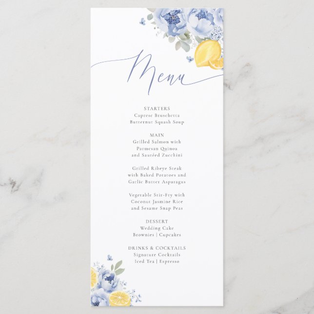 Lemon Blue Floral Bridal Shower Menu Card Menükarte (Vorderseite)