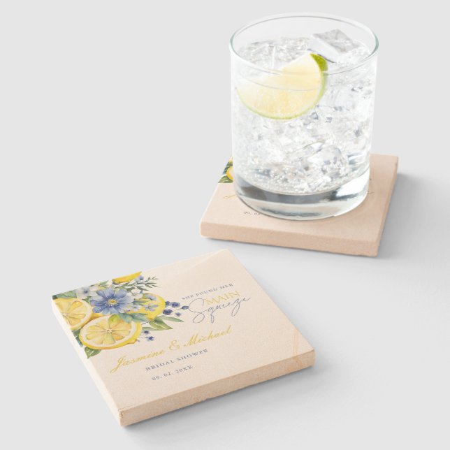Lemon Blue Floral Citrus Brautparty Steinuntersetzer (Seitenansicht)