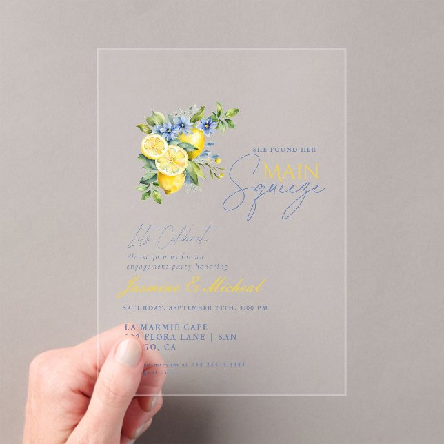 Lemon Blue Floral Citrus Engagement Party Acryleinladungen (Insitu (Handheld))