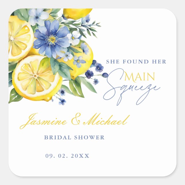 Lemon Blue Floral Citrus Engagement Party Quadratischer Aufkleber (Vorderseite)