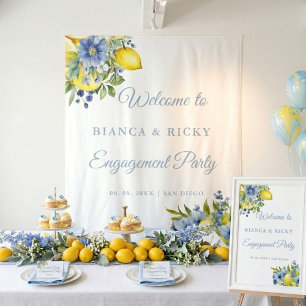 Lemon Blue Floral Citrus Engagement Party Willkomm Wandteppich