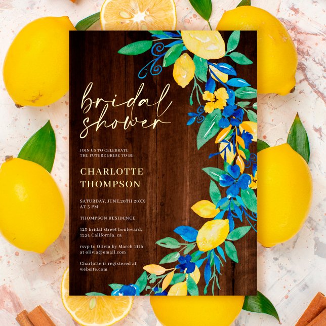 Lemon blue floral wood script Brautparty Folieneinladung (Von Creator hochgeladen)