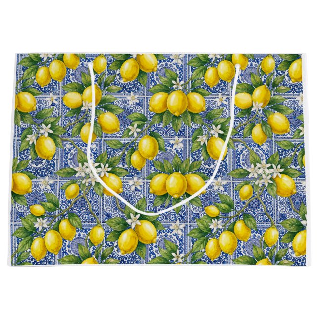 Lemon Blue French Country Watercolor Tile Große Geschenktüte (Vorderseite)