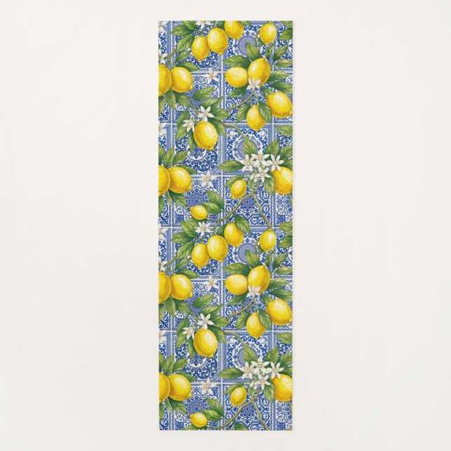 Lemon Blue French Country Watercolor Tile Yogamatte (Vorderseite)