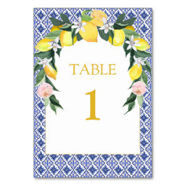 Lemon Blue Italian Tiles Brautparty Table Card Tischnummer
