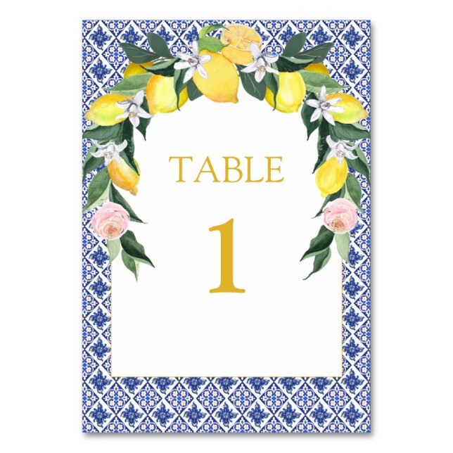 Lemon Blue Italian Tiles Brautparty Table Card Tischnummer (Vorderseite)