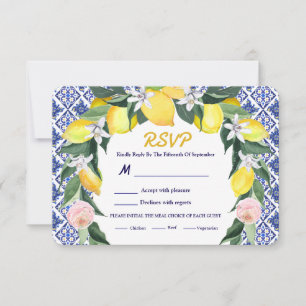 Lemon Blue Italy Tiles Wedding Meal Option RSVP Karte