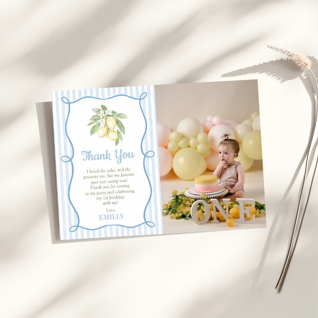 Lemon Blue Stripes Birthday Flat Thank You Card Dankeskarte (Von Creator hochgeladen)