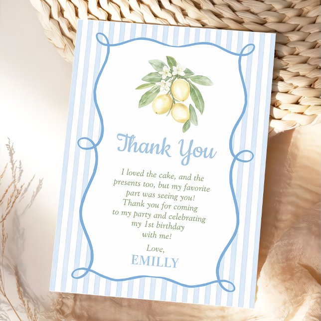 Lemon Blue Stripes Birthday Flat Thank You Card Dankeskarte (Von Creator hochgeladen)