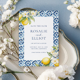 Lemon Blue Tile Mediterranean Save the Date Einladung