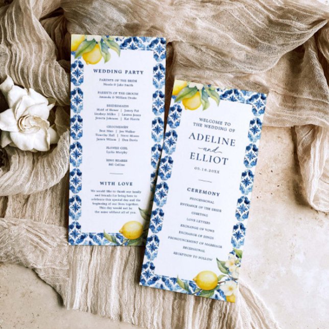 Lemon Blue Tile Mediterranean Wedding Programm (Von Creator hochgeladen)