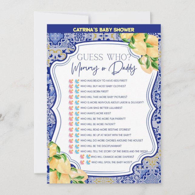 Lemon Blue Tiles Baby Shower - Bearbeitbarer Name, Einladung (Vorderseite)