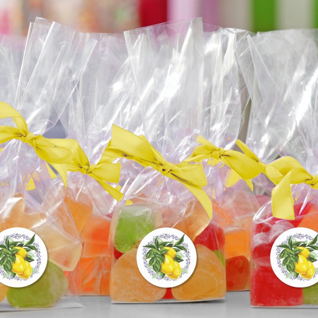 Lemon & Blue Toile Filigree Elegant Runder Aufkleber (Von Creator hochgeladen)