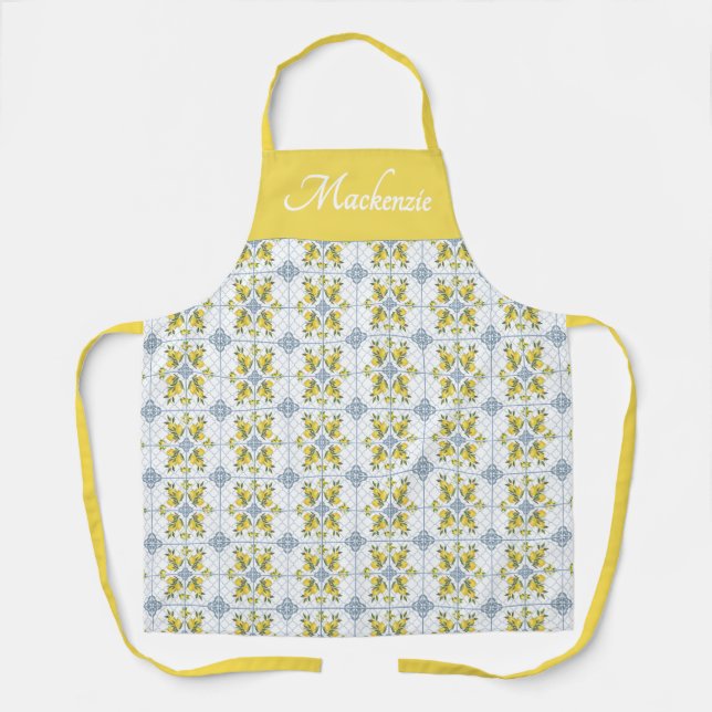 Lemon Blue Watercolor French Country Name Monogram Schürze (Vorderseite)