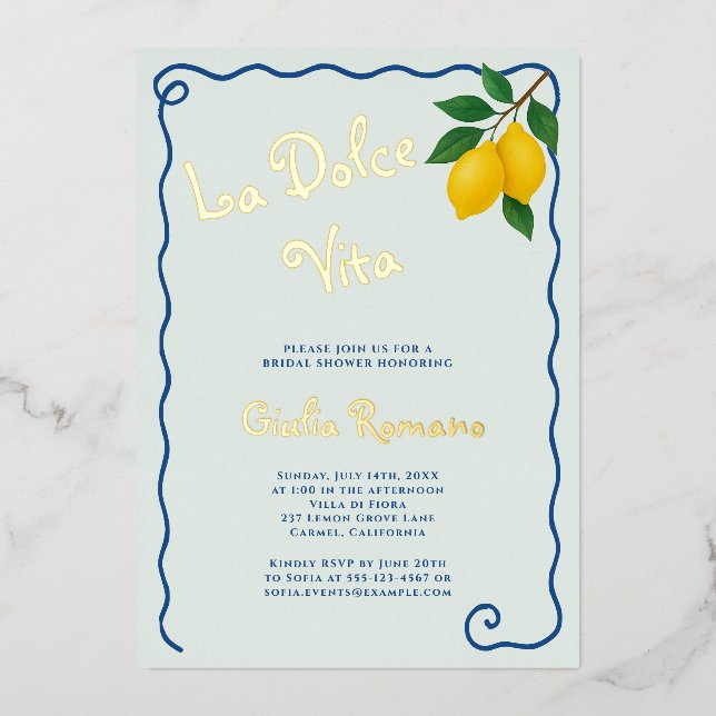 Lemon Blue Whimy Frame La Dolce Vita Brautparty Folieneinladung (Vorderseite)