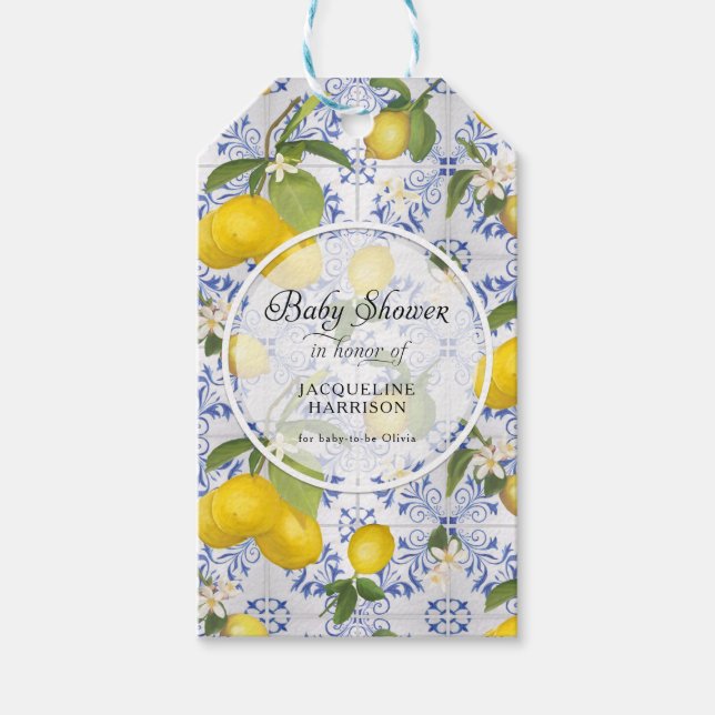 Lemon Blume Citrus Foliage Blue White Baby Dusche Geschenkanhänger (Vorderseite)
