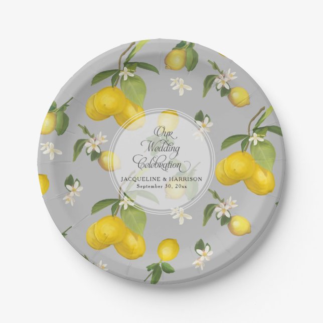 Lemon Blume Citrus Greenery Gray n Yellow Wedding Pappteller (Vorderseite)