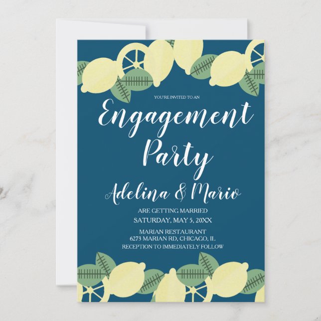 Lemon Boho Blue Modern Engagement Party Einladung (Vorderseite)