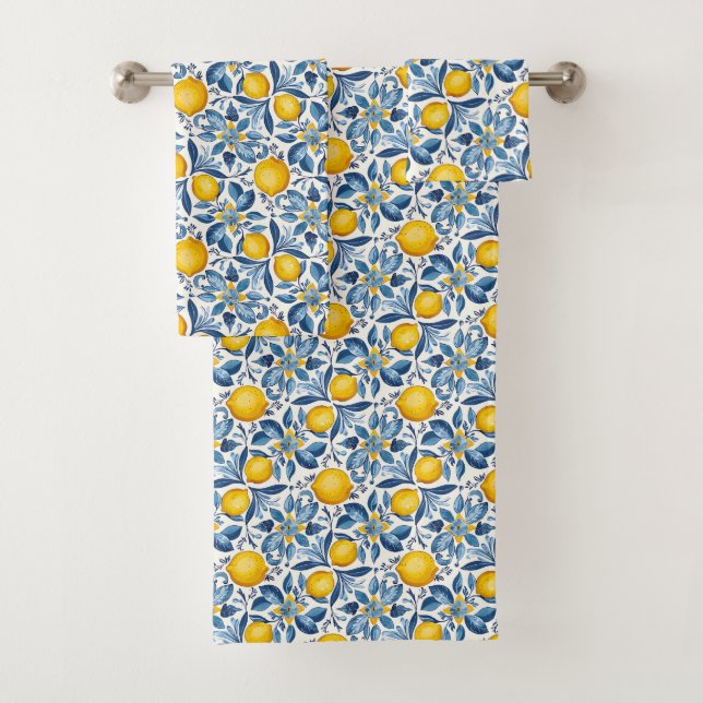 Lemon Botanical Blue and Yellow Summer Print Badhandtuch Set (Insitu)