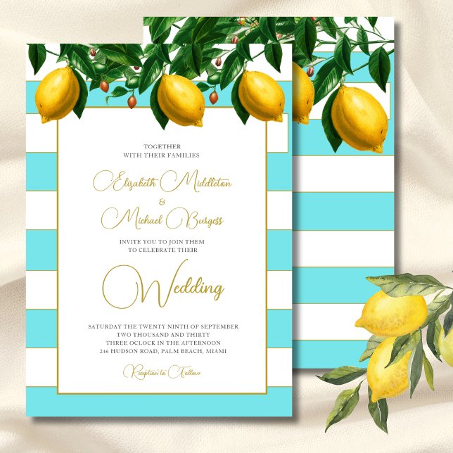 Lemon Botanical Blue Stripe Wedding Einladung (Von Creator hochgeladen)